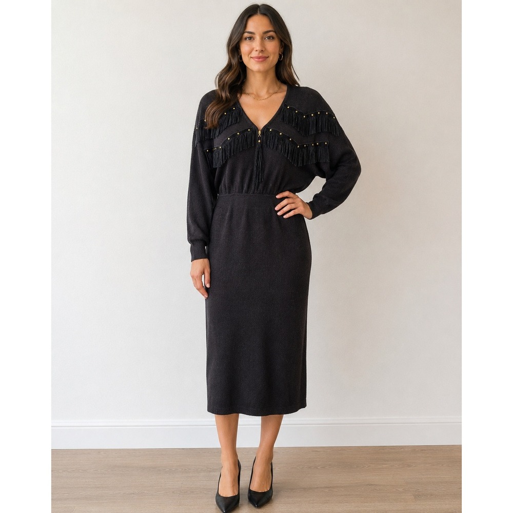 Plain Jane Vintage Western Fringe Studded Knit Midi Dress Black Size M
